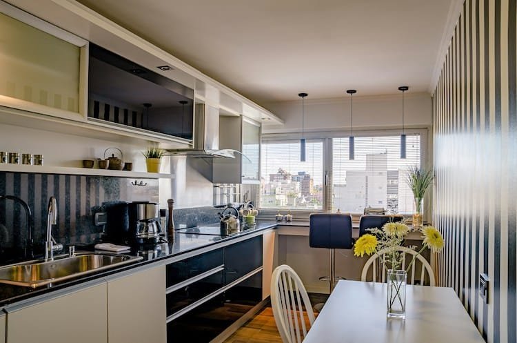 kitchen with a table and chairs next to a window