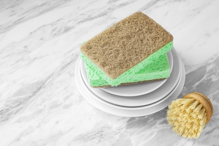 cleaning scrub sponge on plates