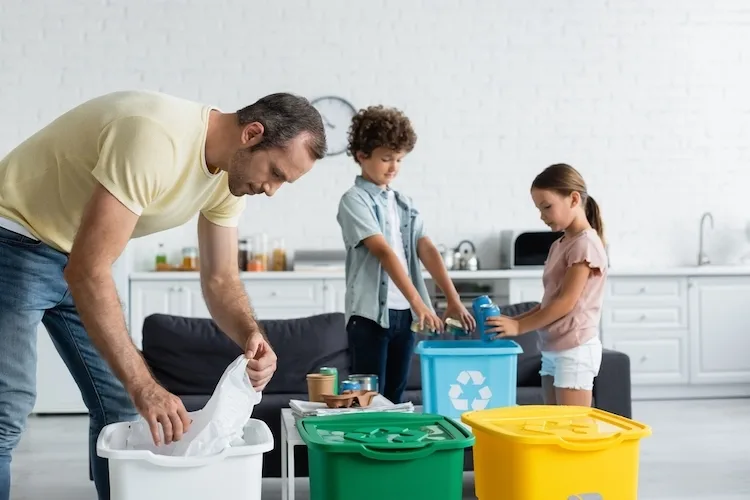 man sorting garbage with kids