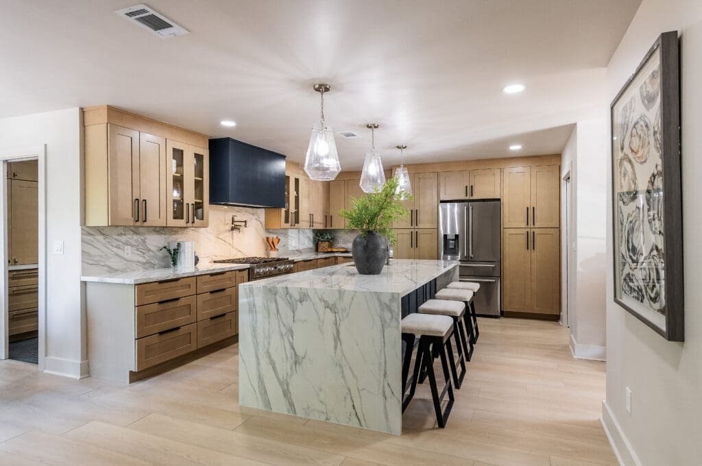 Modern Atlanta kitchen with porcelain countertops in Calacatta marble look, installed by Granite & Marble Solutions.