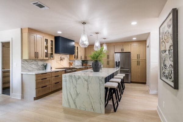 Modern Atlanta kitchen with porcelain countertops in Calacatta marble look, installed by Granite & Marble Solutions.