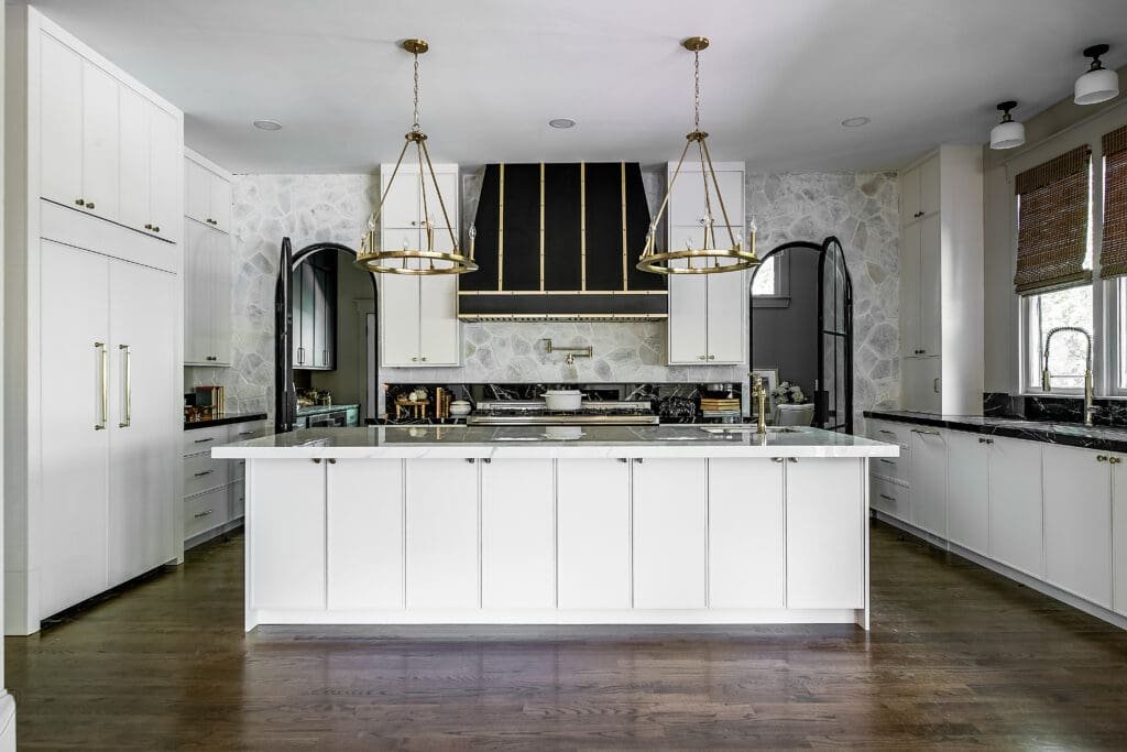 Porcelain Vena Oro Kitchen Island and Statuario Nero perimeter in Smyrna GA