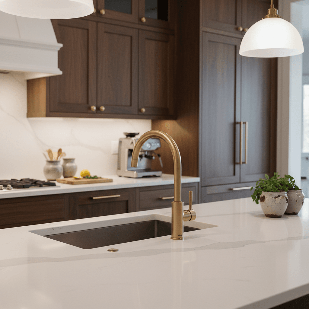 Quartz kitchen countertops with white island, dark cabinetry, and modern brass faucet