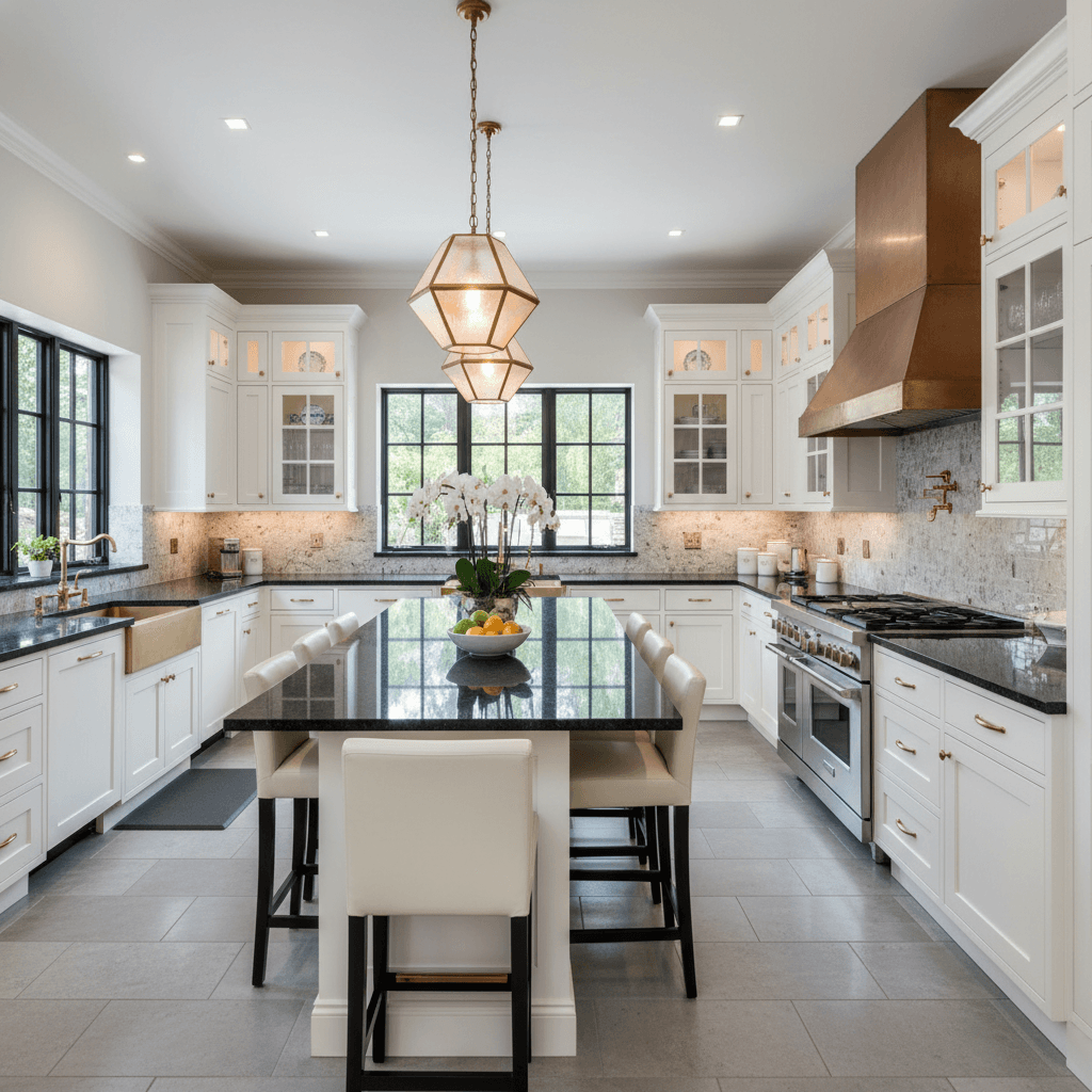 Granite kitchen countertops with large island and white cabinetry in a modern kitchen