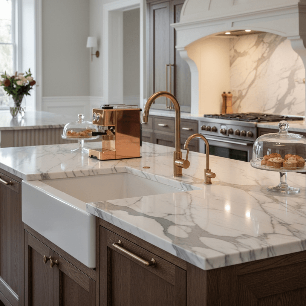 Marble kitchen countertops with farmhouse sink, natural veining, and brass faucet