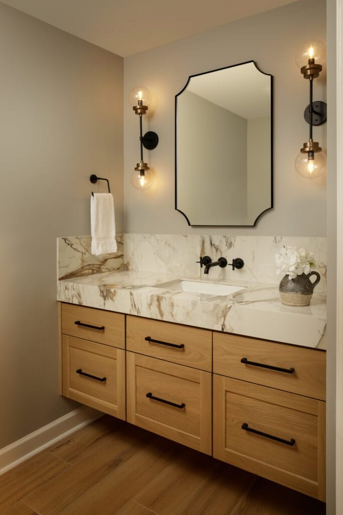 Luxury porcelain bathroom vanity with wall mounted faucet in Buford GA