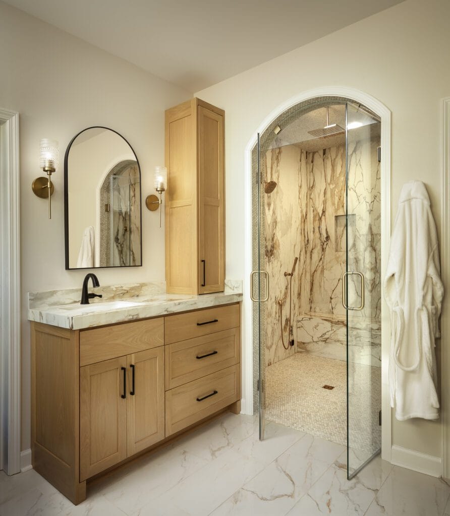 Macchia Vecchia porcelain bathroom vanity and slab shower walls in Buford GA