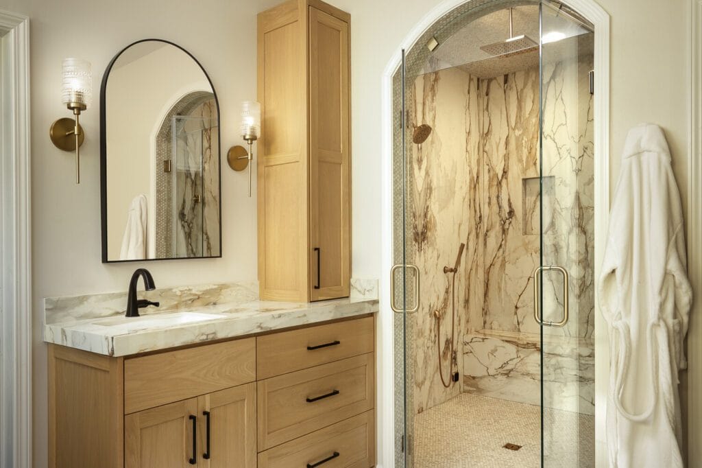 Macchia Vecchia porcelain bathroom vanity and slab shower walls in Buford GA