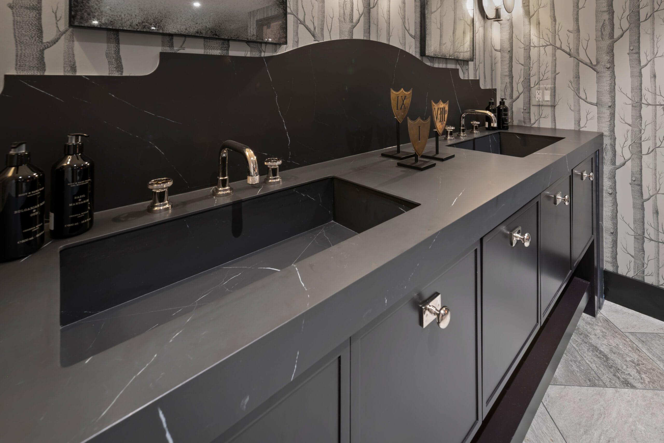 Liem Black porcelain vanity with sculptural backsplash in the Wellness Center, Southeast Designer Showhouse 2026
