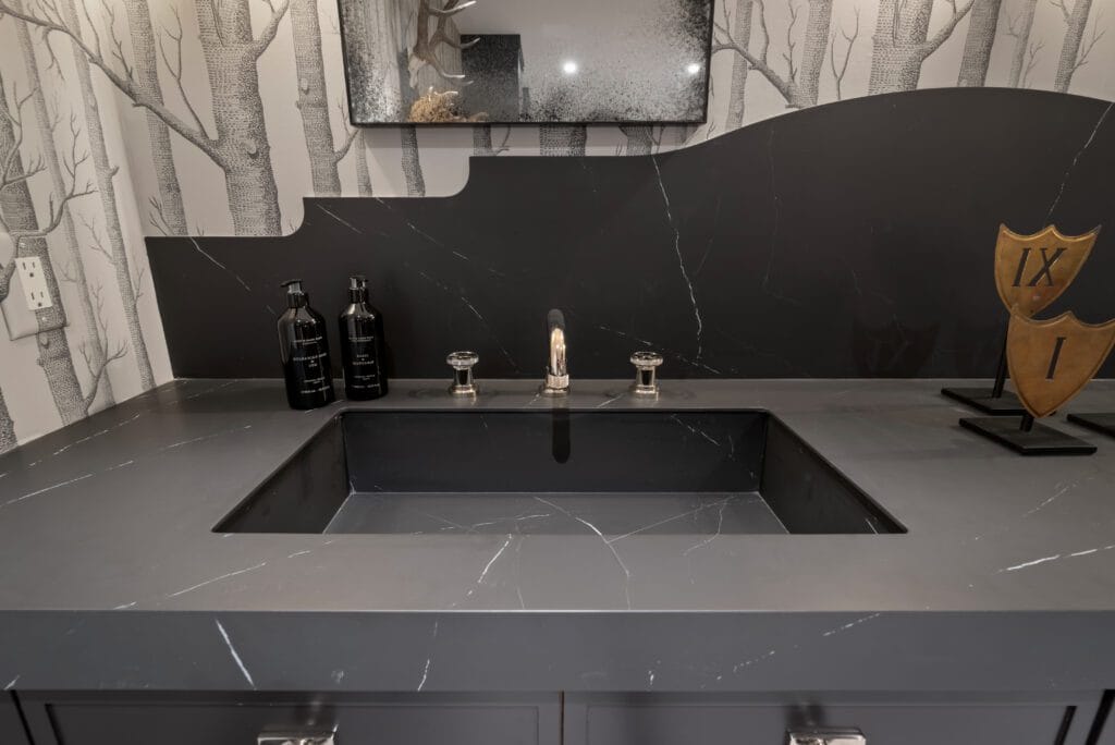 Close-up of sculptural Liem Black porcelain backsplash in the Wellness Center, Southeast Designer Showhouse 2026