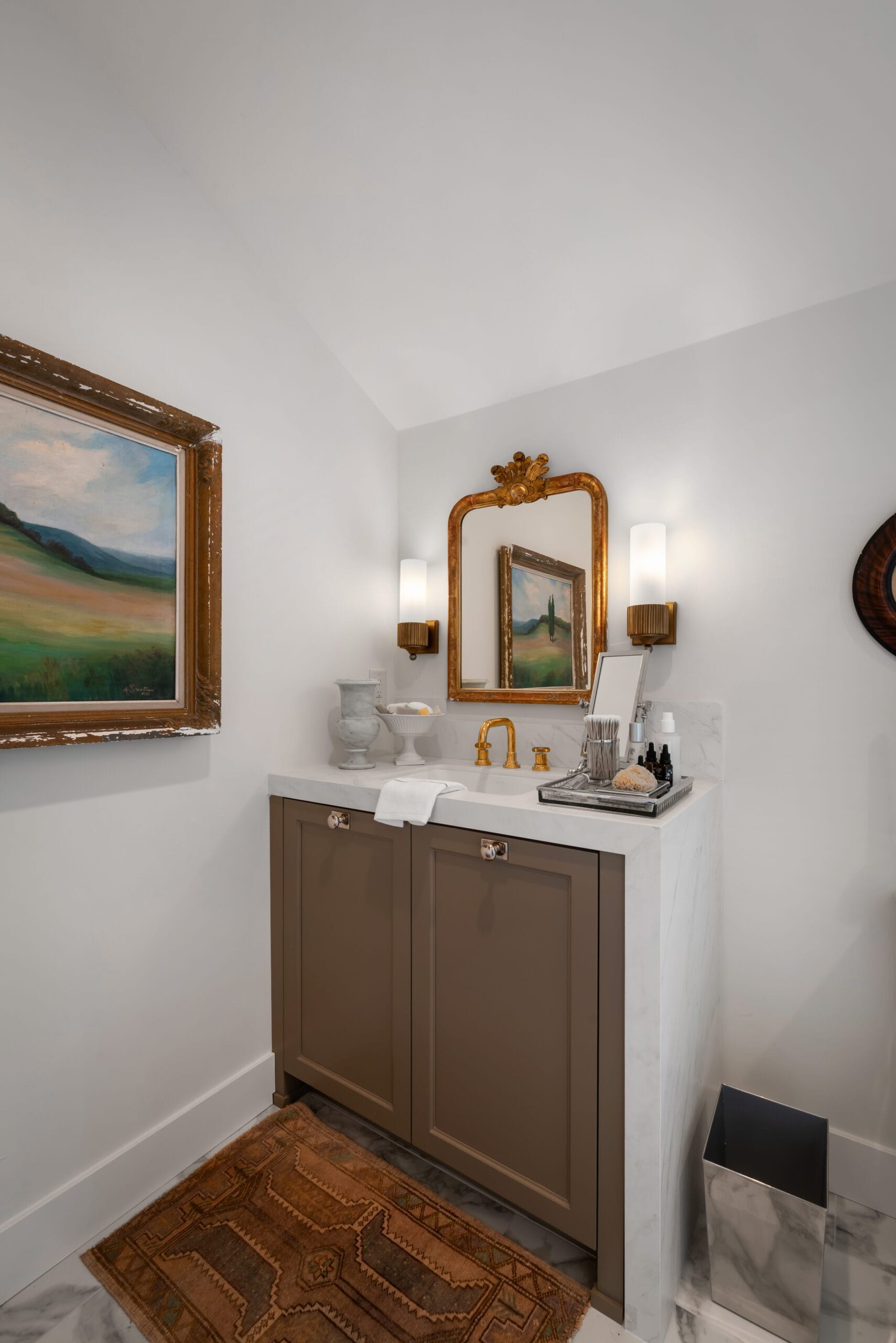 Arched glass marble shower with brass fixtures and herringbone marble floor, In-Law Suite, Southeast Designer Showhouse 2026