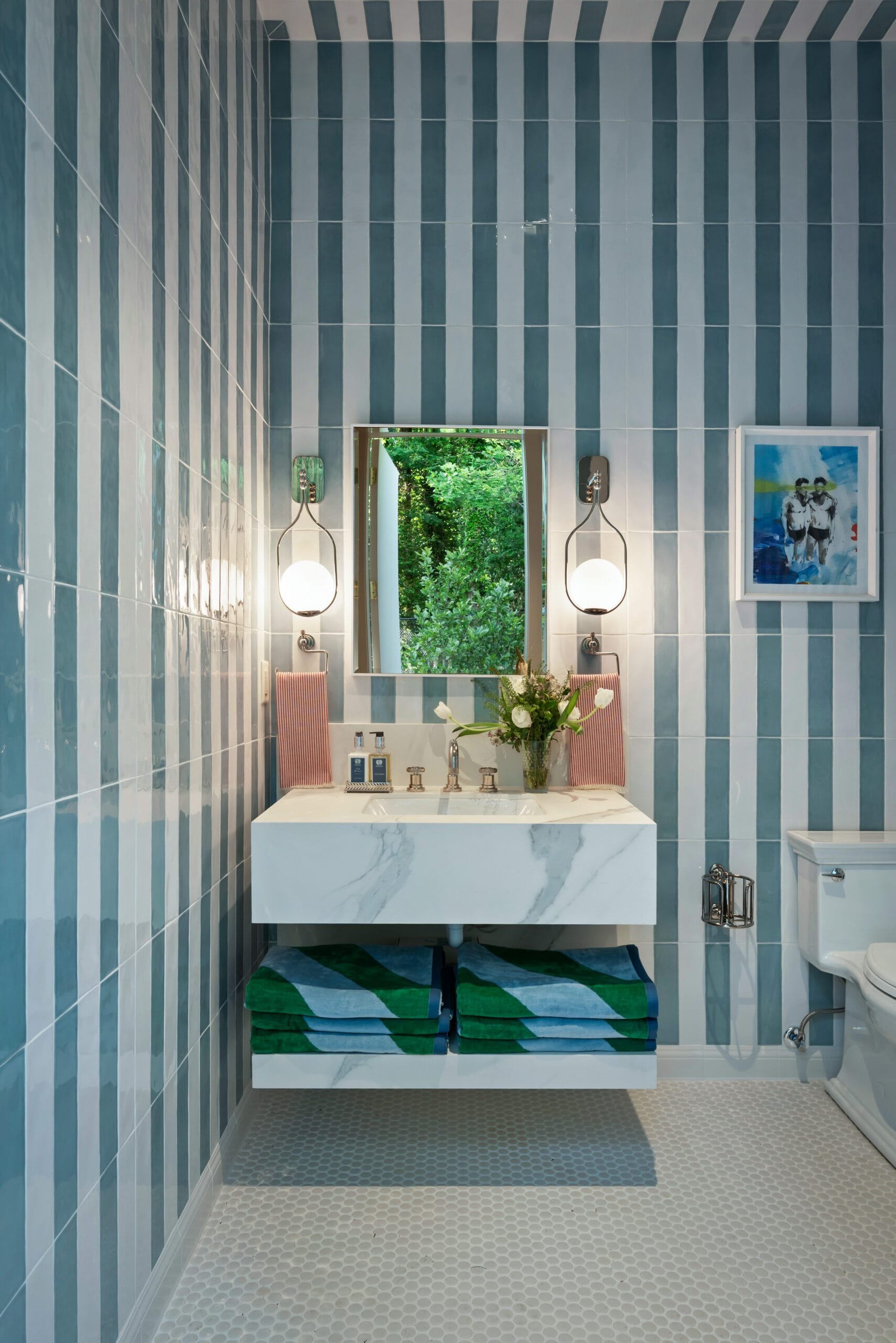 Aria White porcelain floating vanity in the Pool Bath designed by Claudia Stimmel, Southeast Designer Showhouse 2026