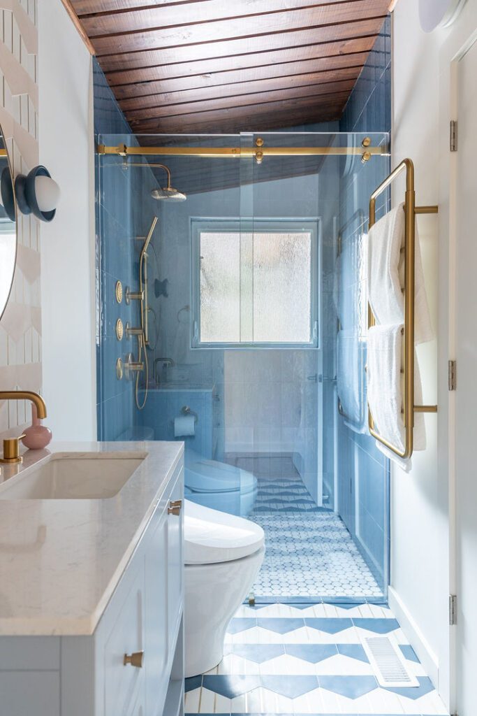 Honed Rhino White secondary bath — blush chevron tile, Doraville GA | GMS