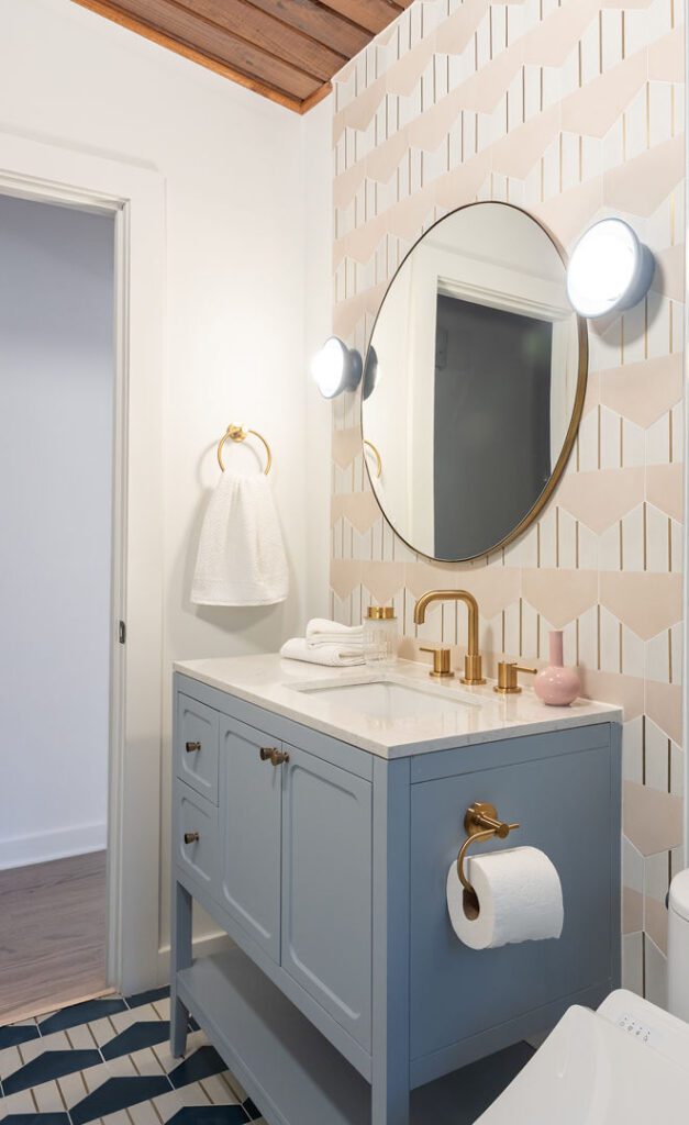 Honed Rhino White secondary bath — blush chevron tile, Doraville GA | GMS