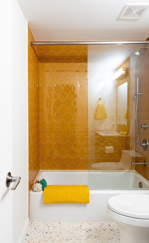 Honed Rhino White accent bath — mustard puzzle tile, Doraville GA | GMS