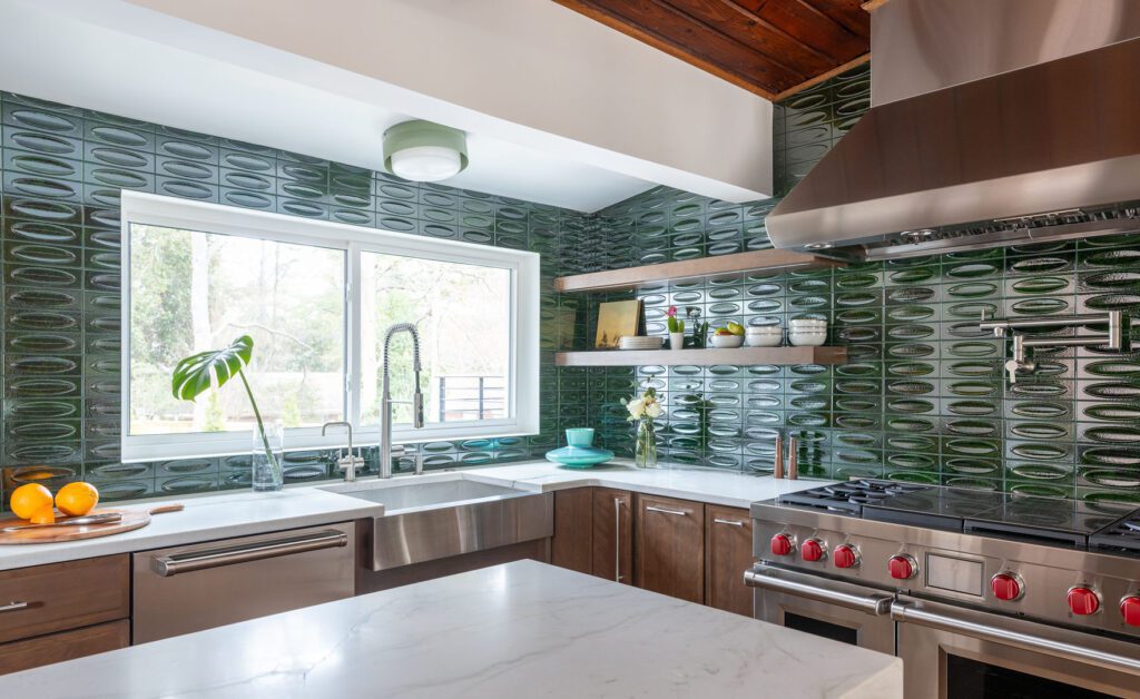 Mont Blanc Quartzite kitchen — teal base cabinetry, Doraville GA | GMS