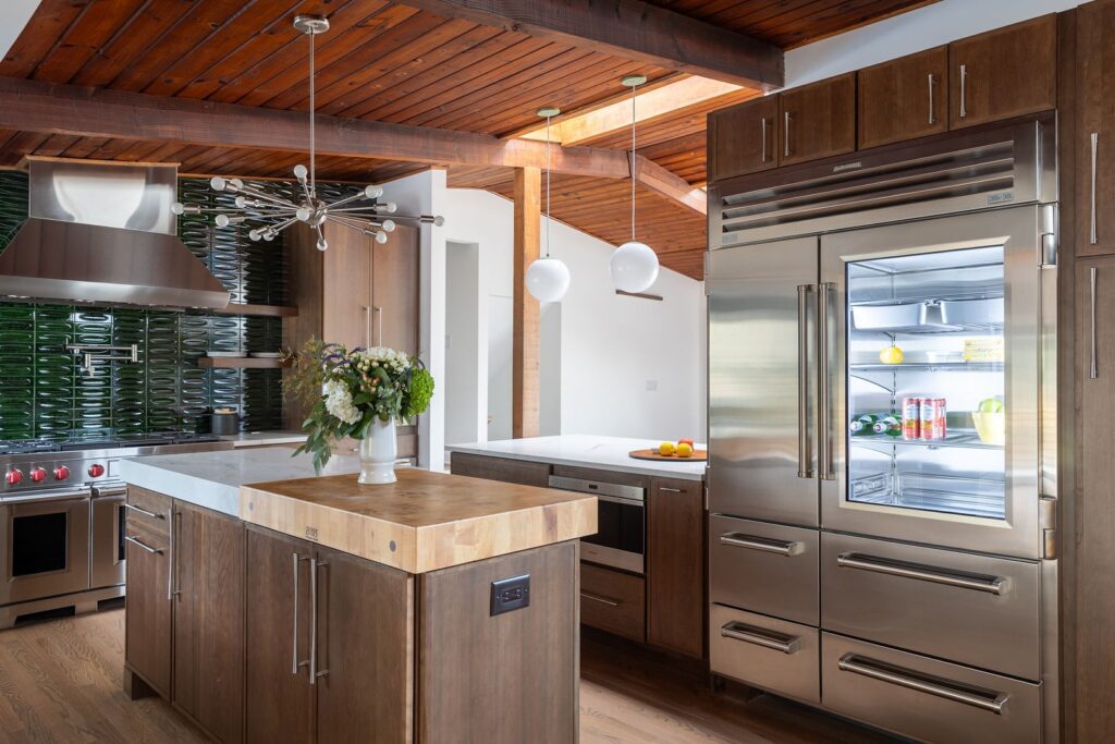Mont Blanc Quartzite kitchen — full kitchen with butcher-block island insert, Doraville GA | GMS