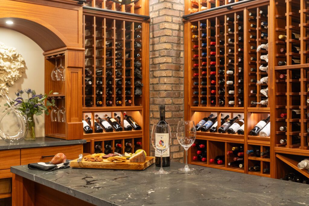 Black Diamond Quartzite wine cellar — brick column detail, Doraville GA | GMS
