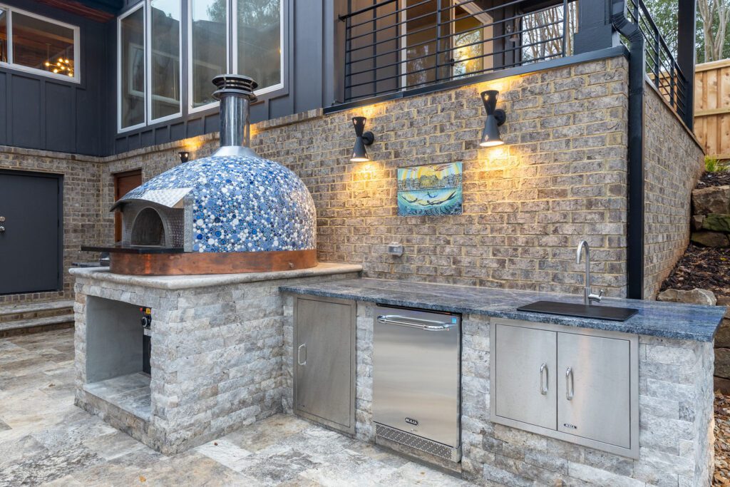 Victoria Blue Granite outdoor pizza kitchen — stacked stone surround, Doraville GA | GMS