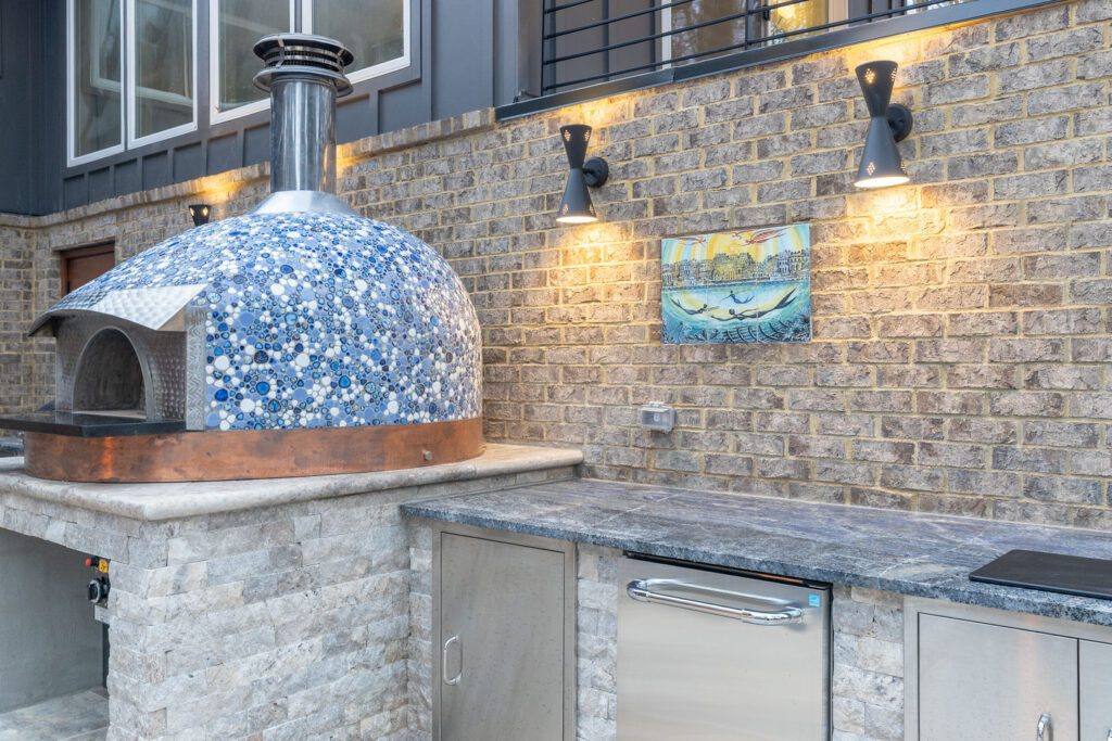 Victoria Blue Granite outdoor pizza kitchen — blue mosaic tile detail, Doraville GA | GMS