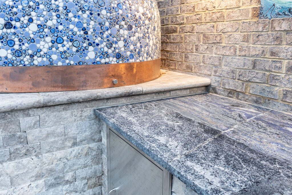 Victoria Blue Granite outdoor pizza kitchen — bar sink area, Doraville GA | GMS